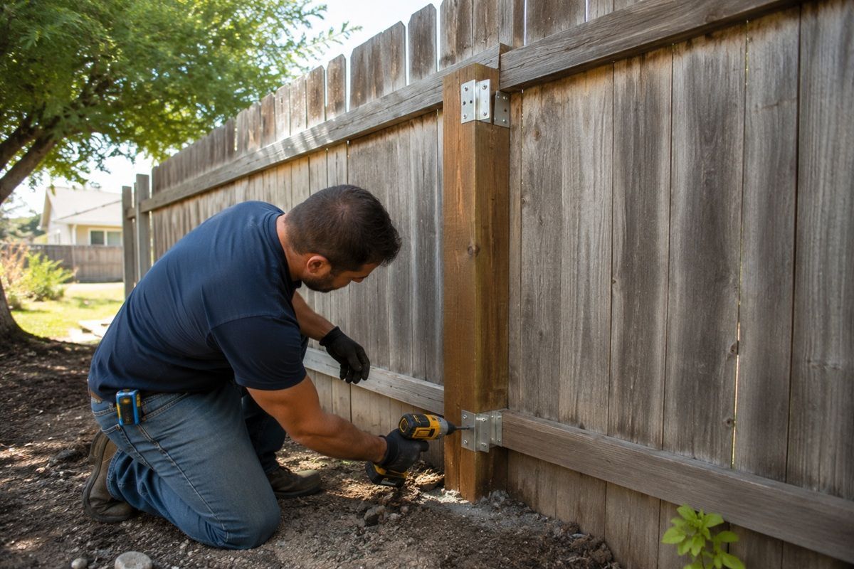 Technician replacing damaged fence boards during a Hanford repair project