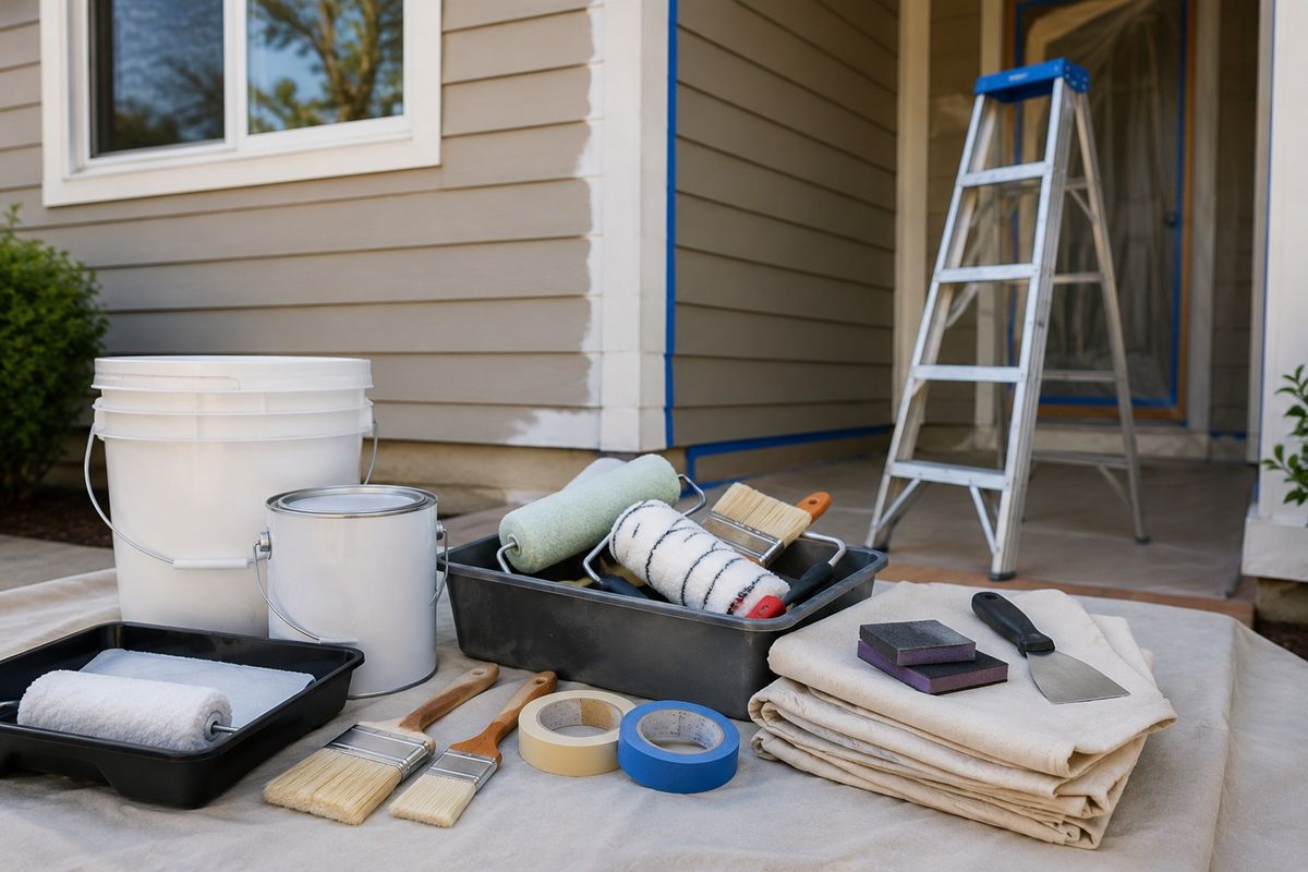 Painting materials and equipment prepared for a residential estimate in Hanford, CA