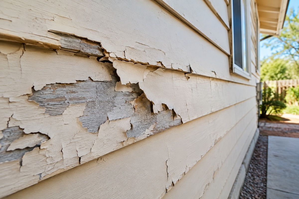 Peeling exterior paint visible on a residential home in Hanford, CA
