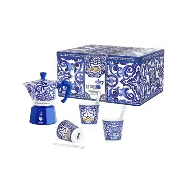 Bialetti Blue Med 3 Cup D&G Moka Pot +3 Porcelain Cups +3 Silver Stirrers