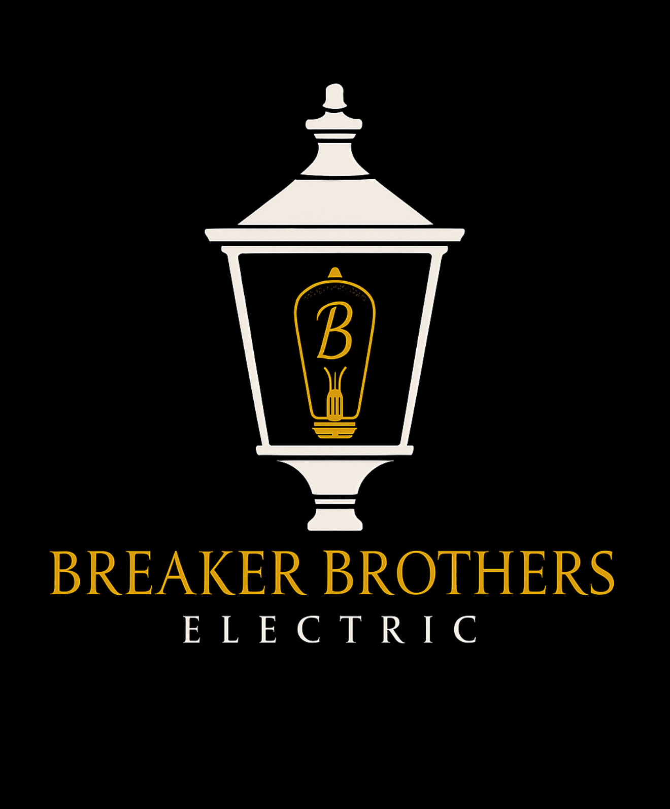 The logo for breaker brothers electric is a lamp post with a light bulb inside of it.