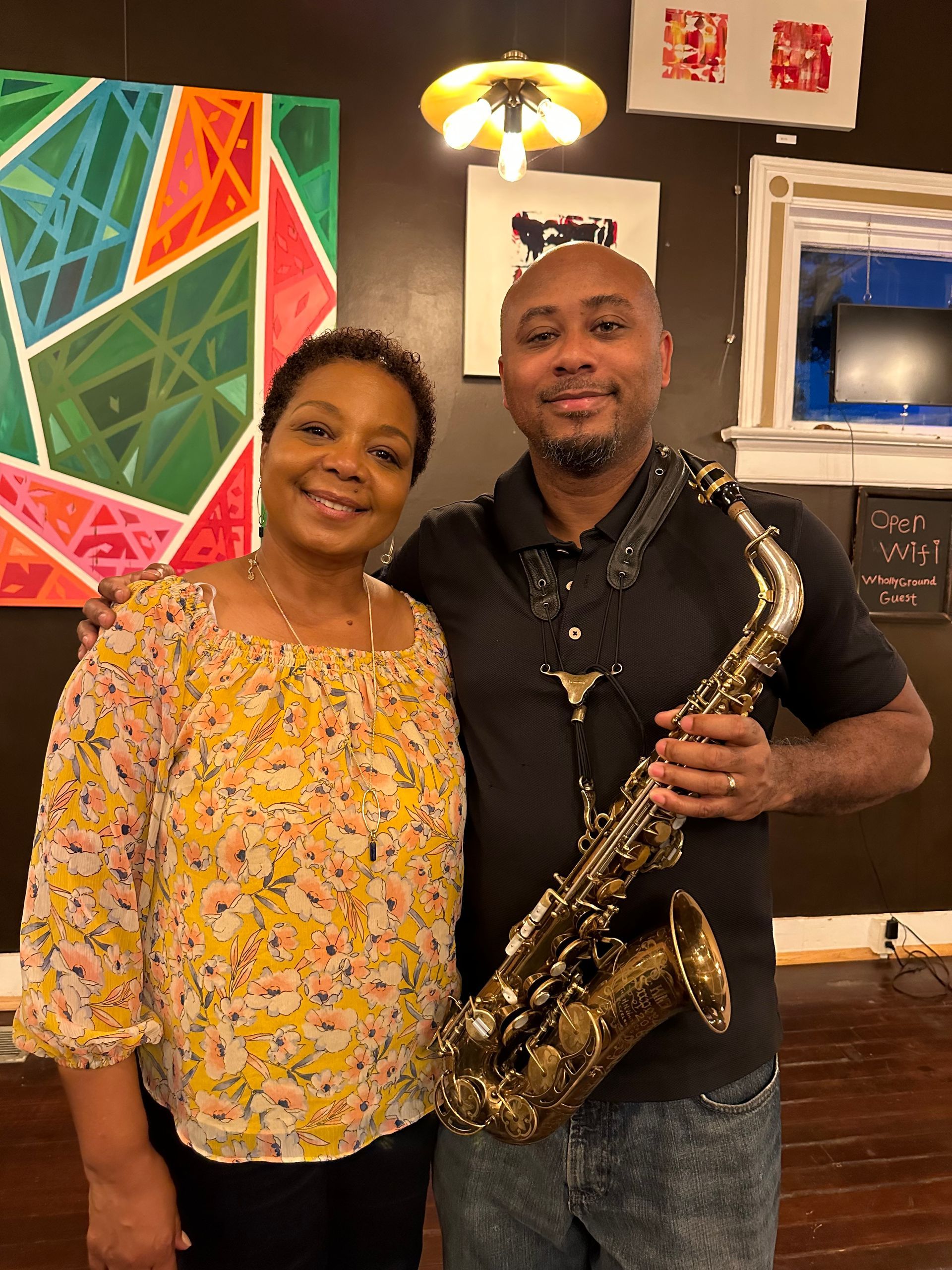 1st Thursday Jazz Jam at Wholly Grounds in Dayton, OH with host, vocalist, Kelli Campbell rhythm section Keigo Hirakawa, Eddie Brookshire and Noah Ramirez with guest performer Saxophonis, Christopher Andrews