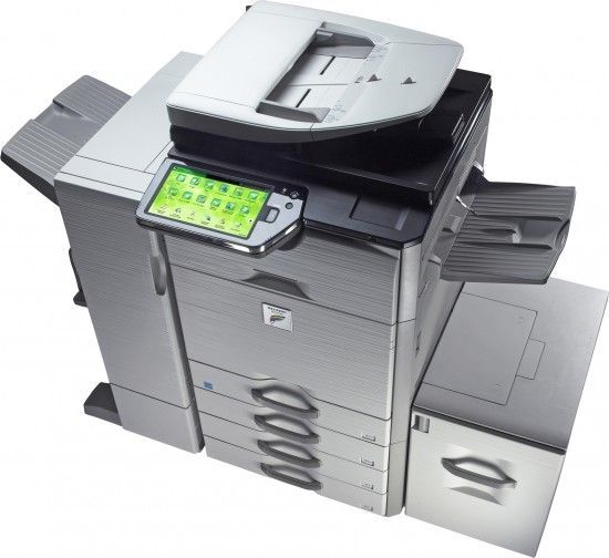 Multifunction office printer with touchscreen, silver and black.