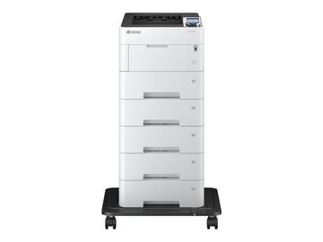 Dark gray laser printer on a gray background.