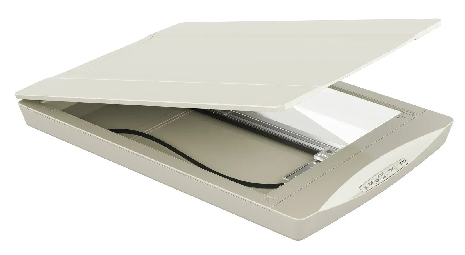 Flatbed scanner with lid partially open, beige and gray color.