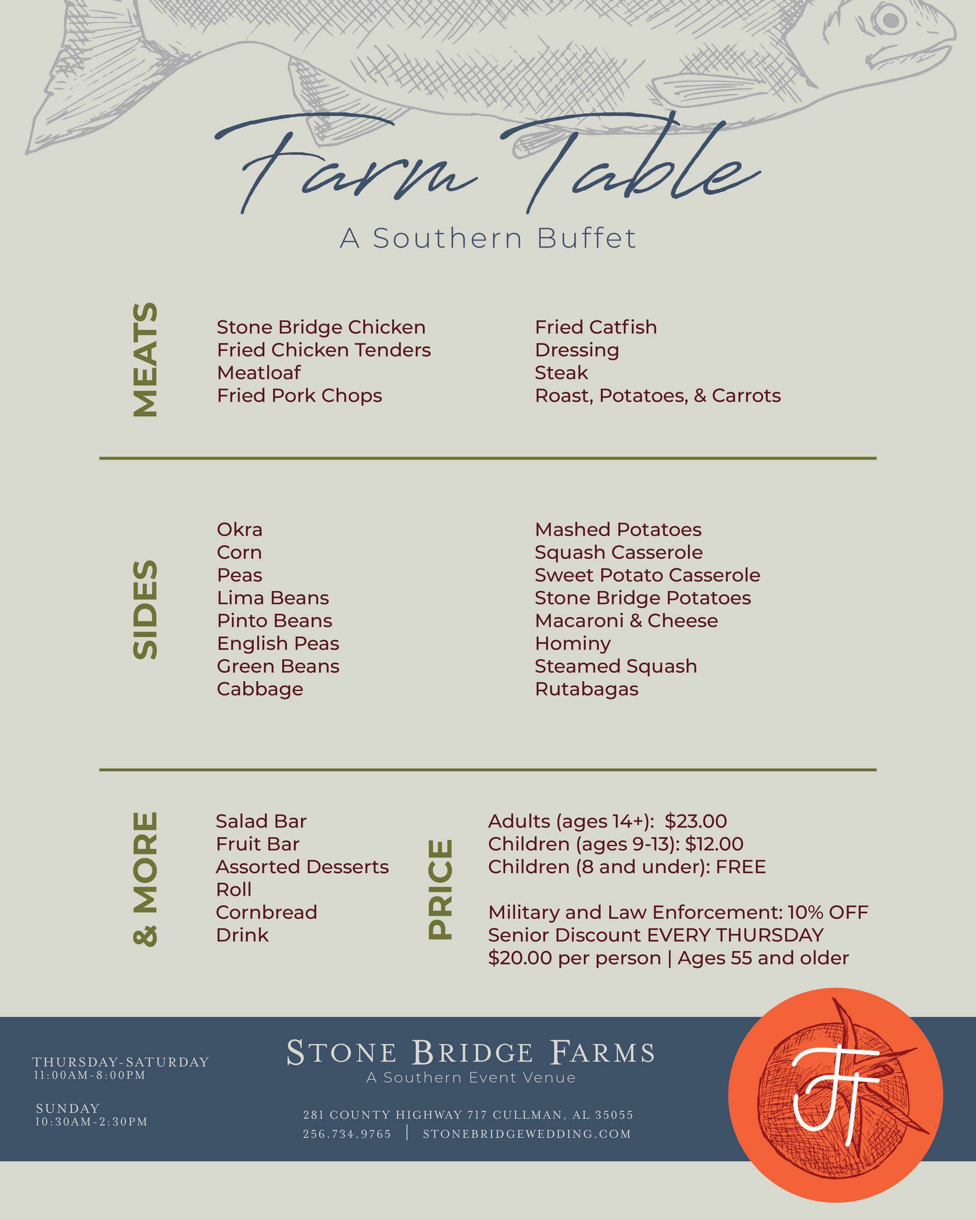 Farm Table menu: meats, sides, & more; orange logo with 