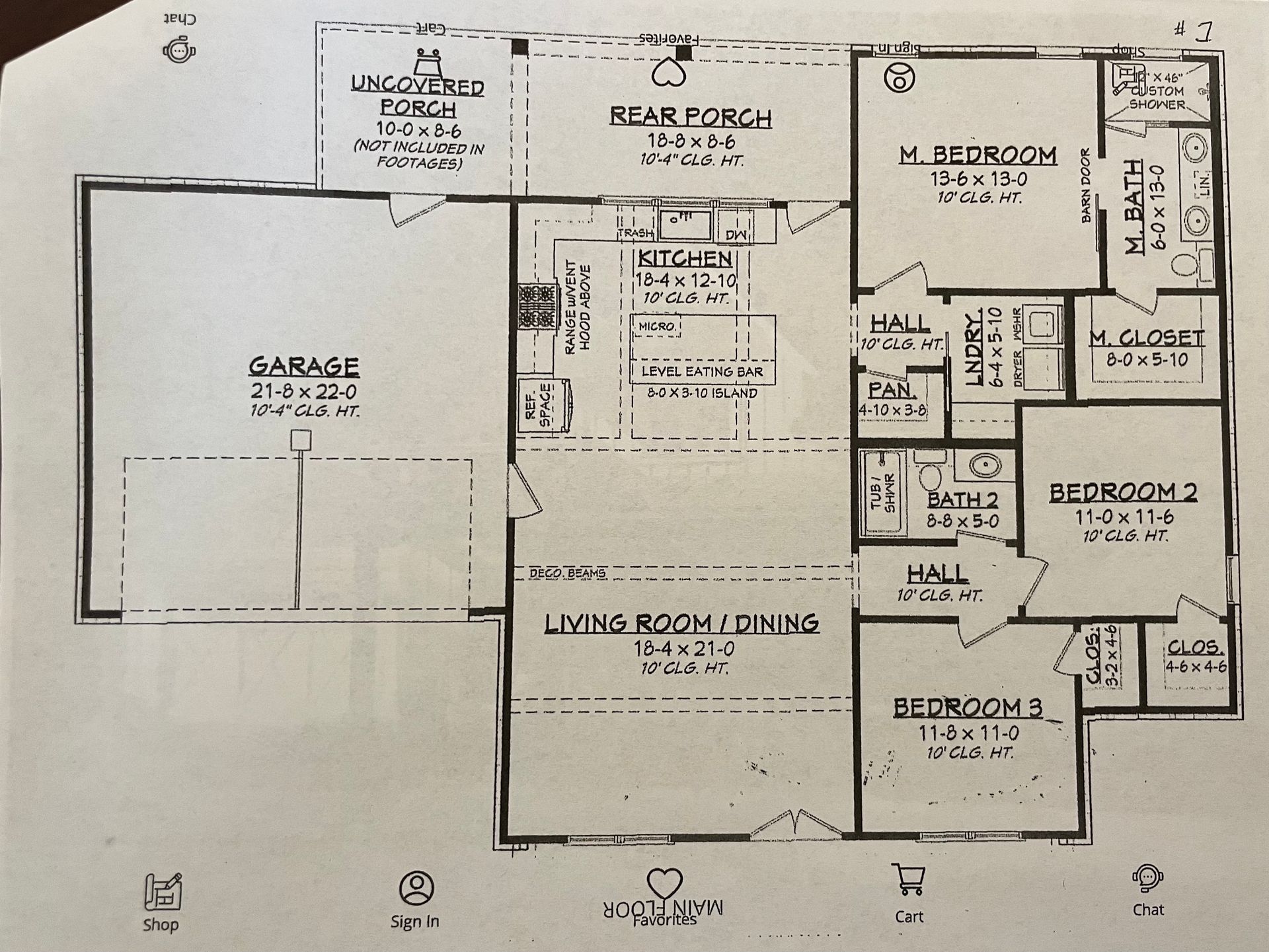 Floor plan of a house with garage, three bedrooms, kitchen, living room, and back porch.