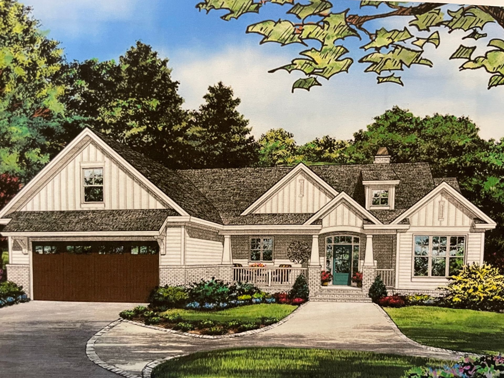 Architectural rendering of a single-story house with a brown garage door, white siding, and a landscaped yard.