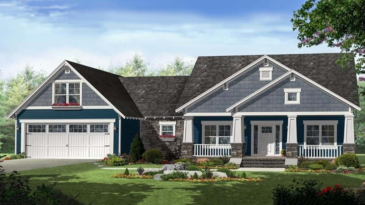 Blue and gray Craftsman-style house with stone accents, a porch, and a two-car garage.