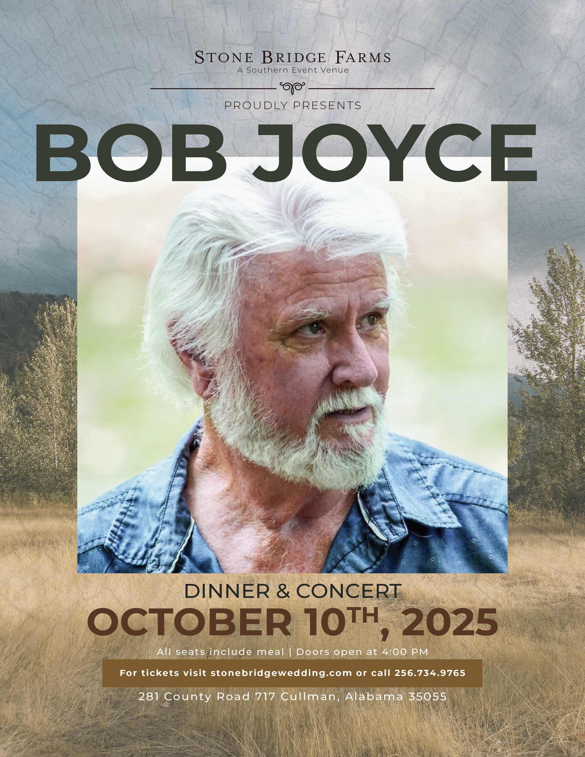 Concert poster: Bob Joyce, white-haired man, denim shirt, with dinner & concert details: October 10th, 2025.
