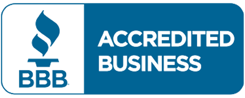 BBB Accredited Business logo with blue and white text and torch icon