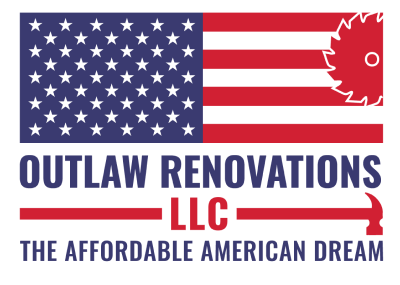 Outlaw Renovations LLC logo with American flag, red and blue text, and tagline “The Affordable American Dream”