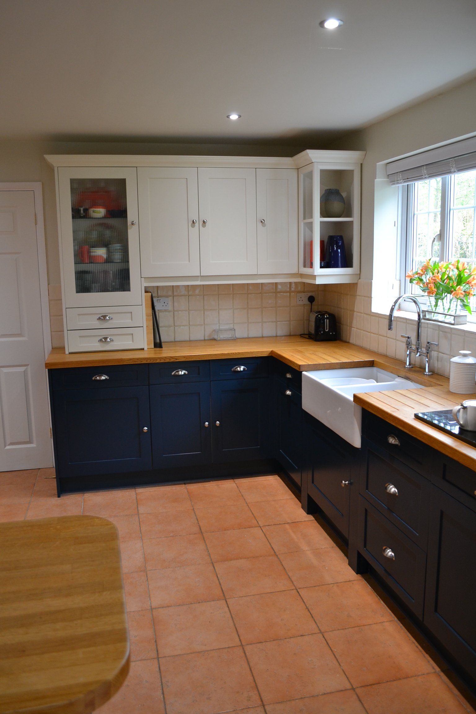 bespoke kitchen
oak worktops
wine rack 
painted kitchen
