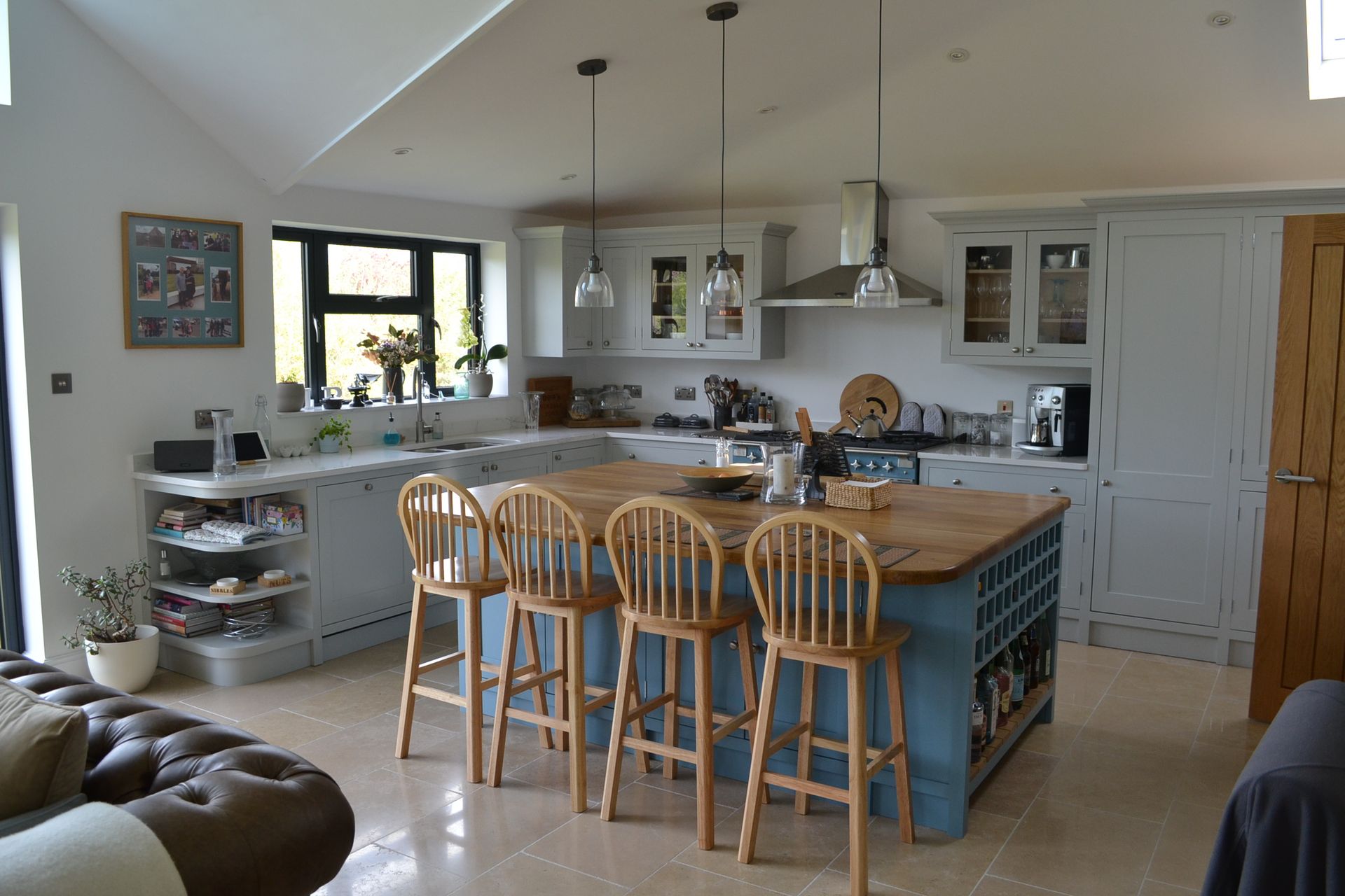 bespoke kitchen
oak worktops
wine rack 
painted kitchen
stone worktops
