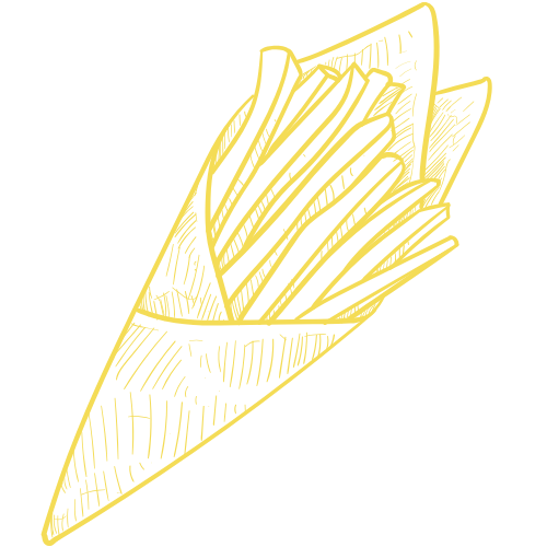 Gelbe Illustration von Pommes Frites in einer Papiertüte.