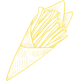 Gelbe Illustration von Pommes Frites in einer Papiertüte.