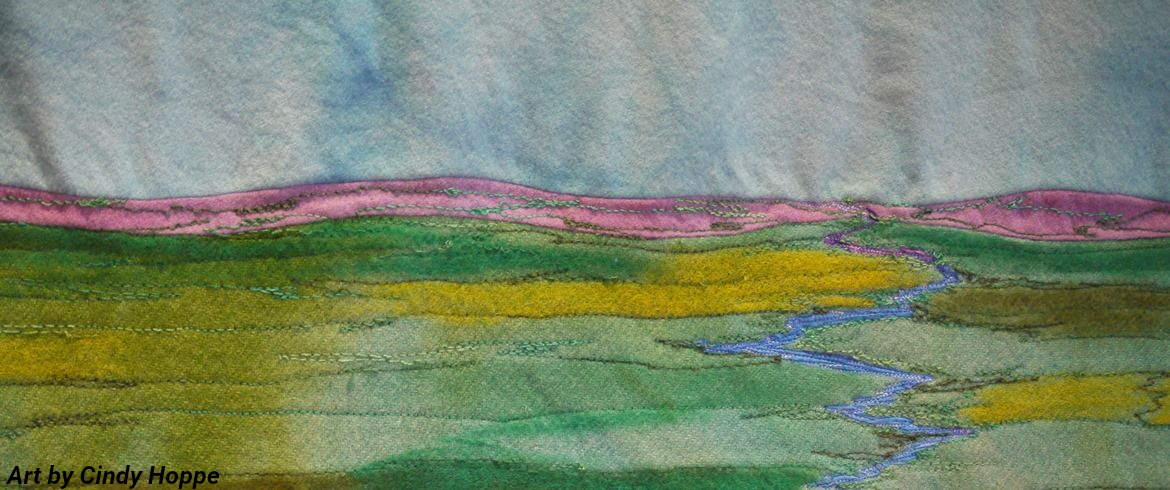 Abstract landscape with pink sky, green fields, and a winding blue stream