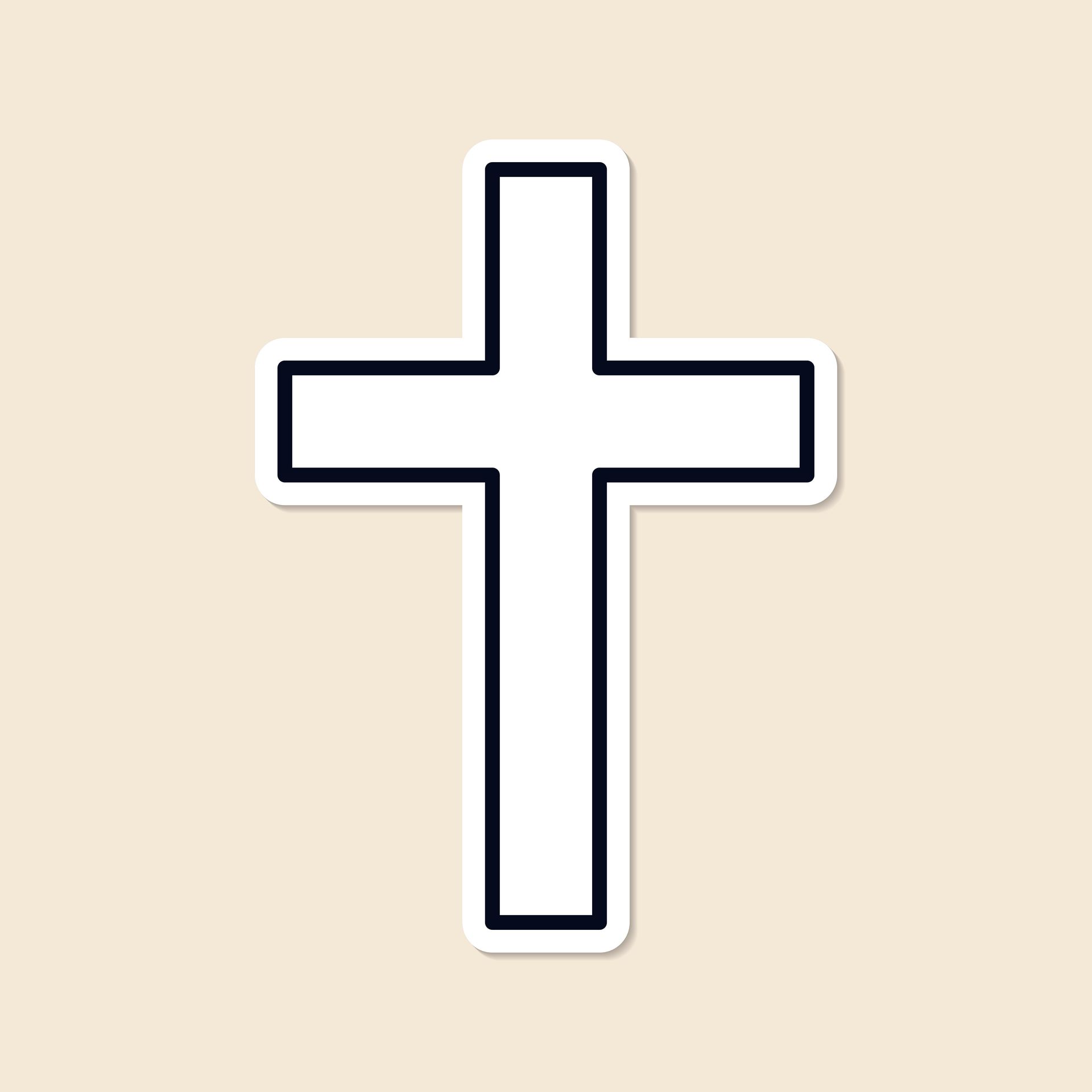 Black outlined cross with white fill on a light beige background