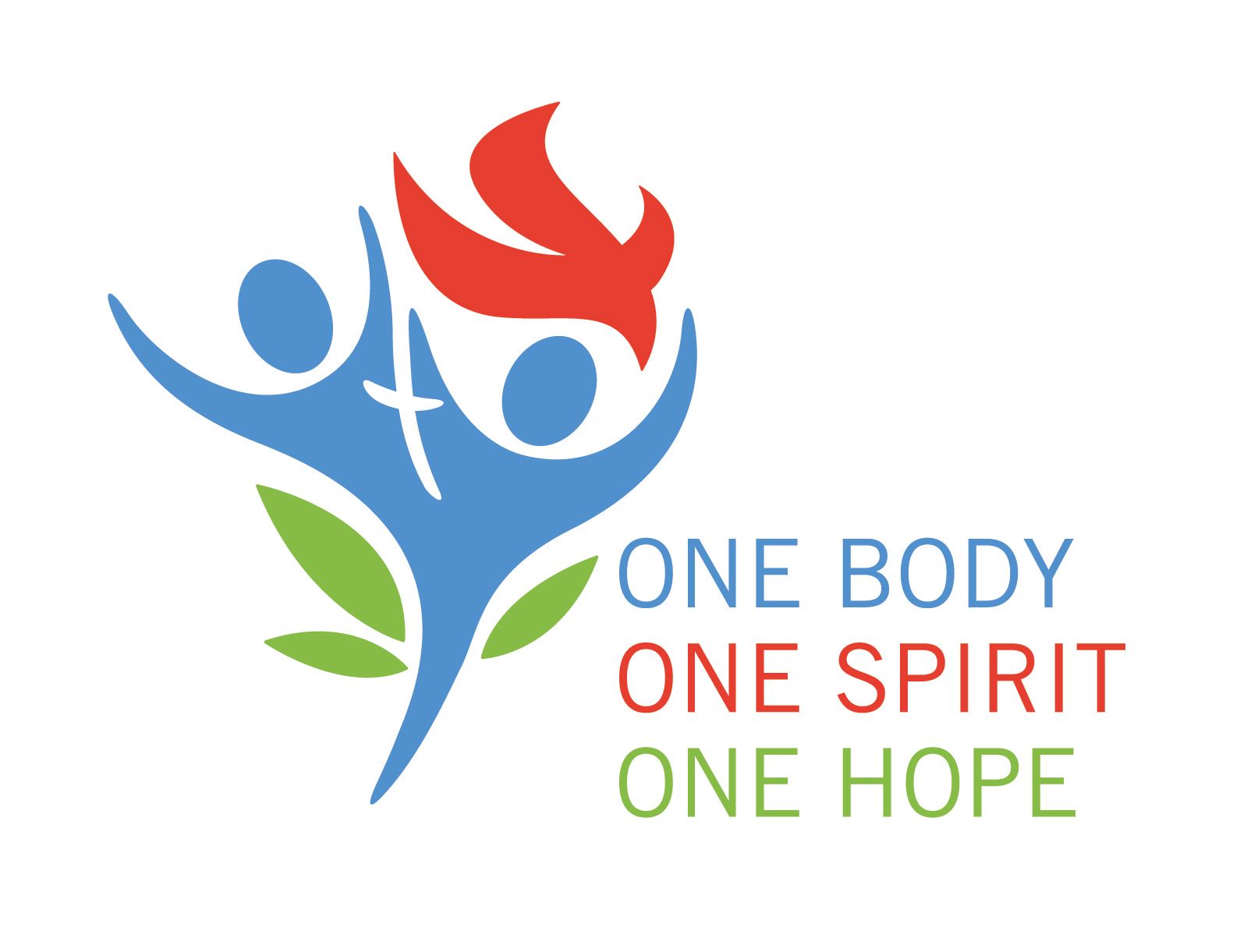 Logo with blue and red figures and leaves beside the words “ONE BODY ONE SPIRIT ONE HOPE”
