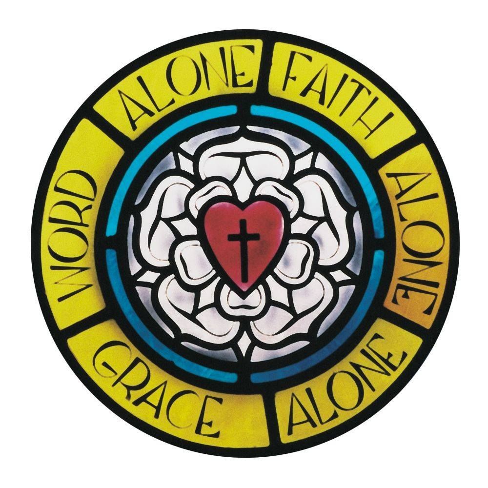 Circular religious emblem with a rose, red heart cross, and words World, Alone, Faith, Grace around it