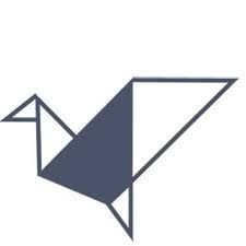 Abstract origami crane logo in dark gray and white on a white background