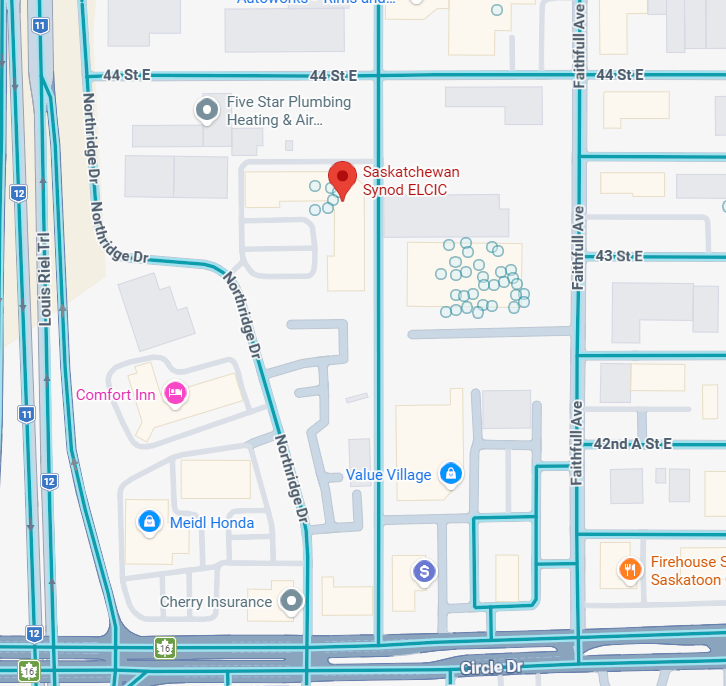 Map showing a red location pin near “Saskatchewan Board BLDG” in downtown area with nearby businesses and streets.
