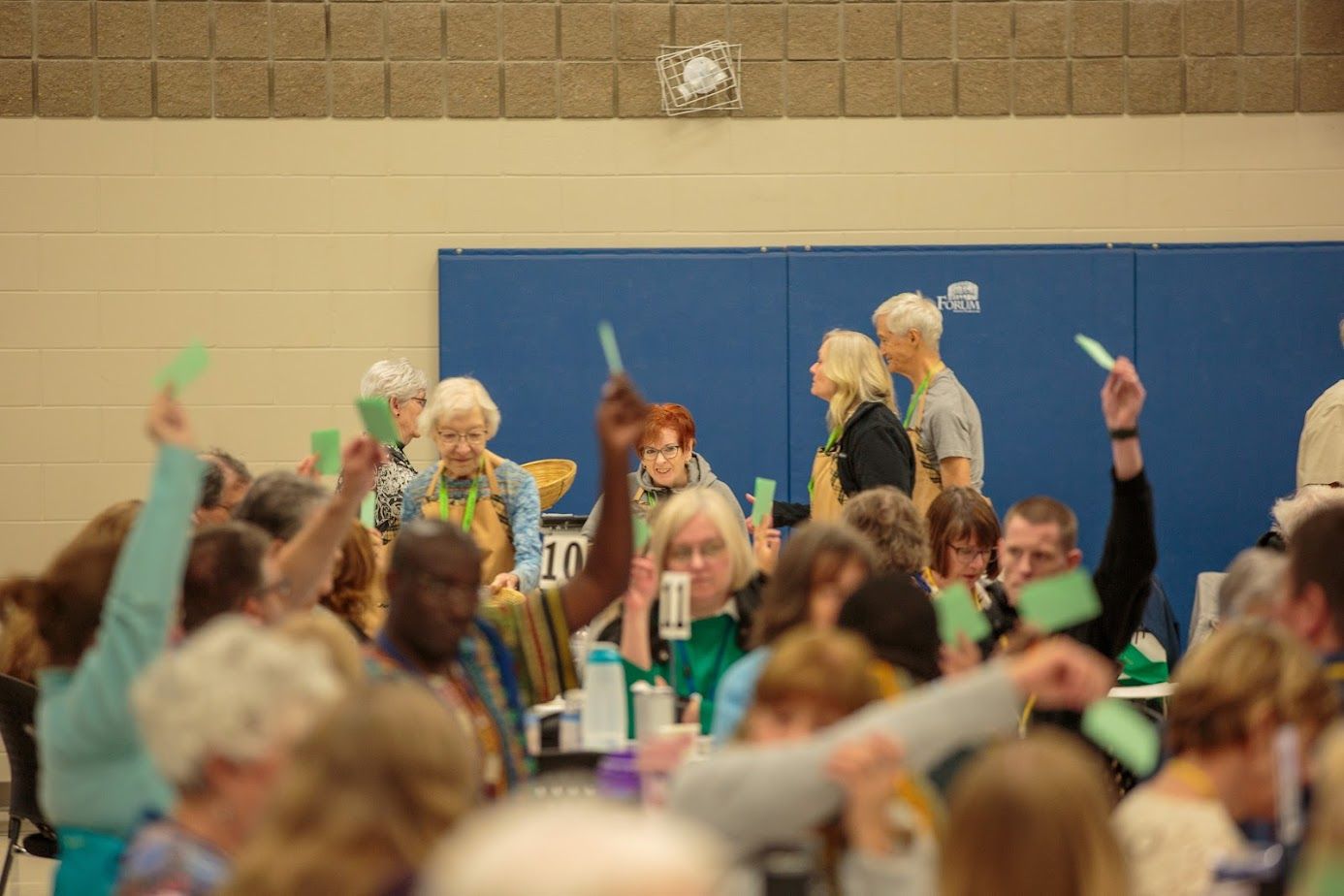 Crowd in a gymnasium raising papers during a lively meeting or event