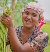 Smiling person in a floral headscarf holding fresh green plants in a field