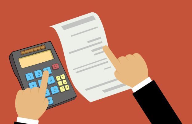 Hands use a calculator and hold a receipt on a red background.