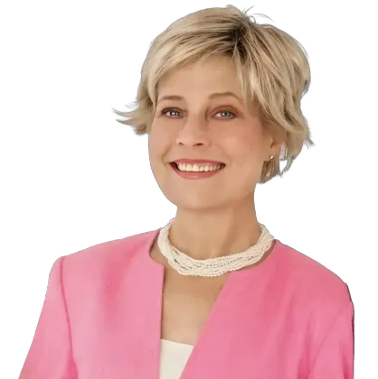 Portrait of a smiling blonde woman in a pink blazer and white top on a white background