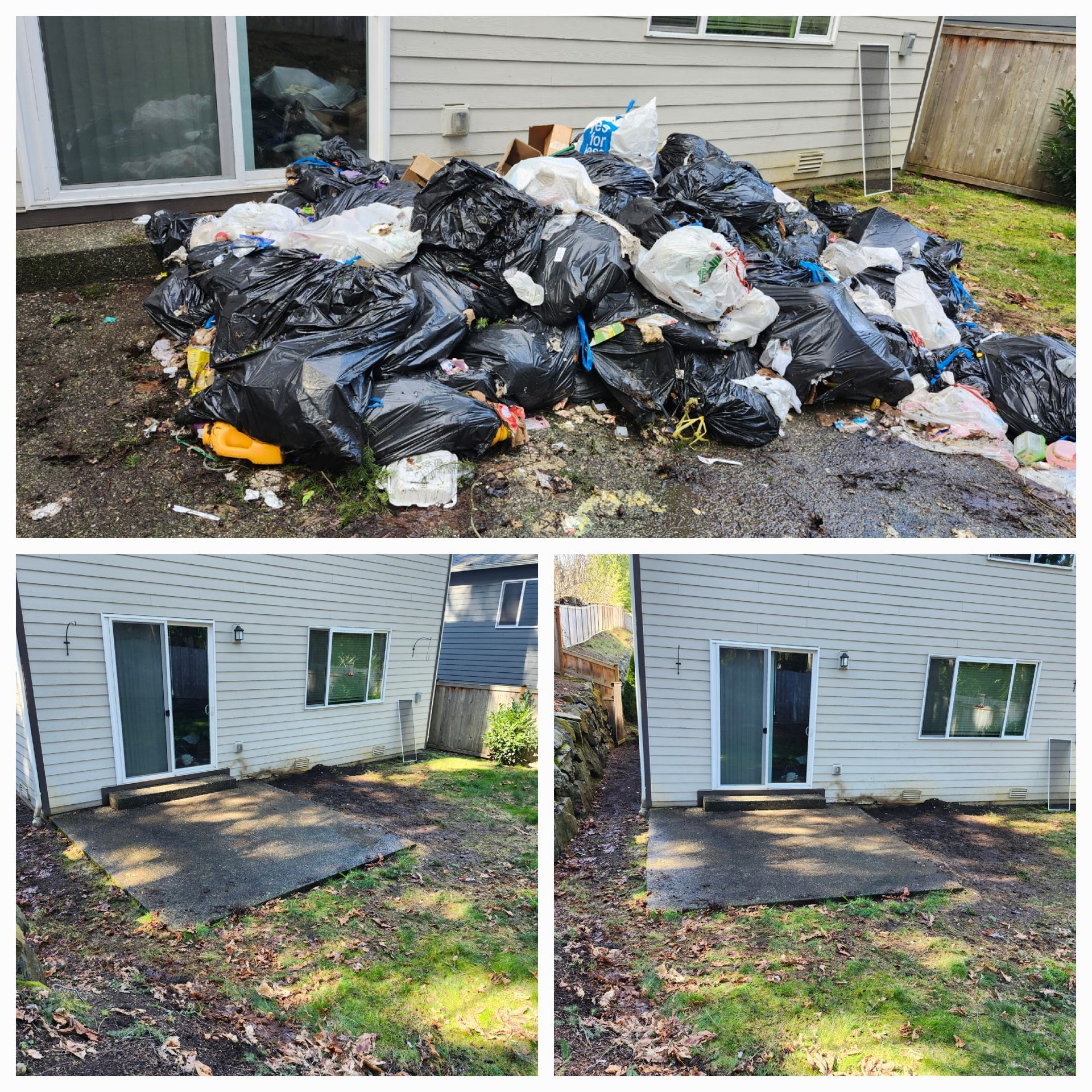 Before and after: a patio covered in piles of trash bags, then cleared, leaving a clean concrete surface.
