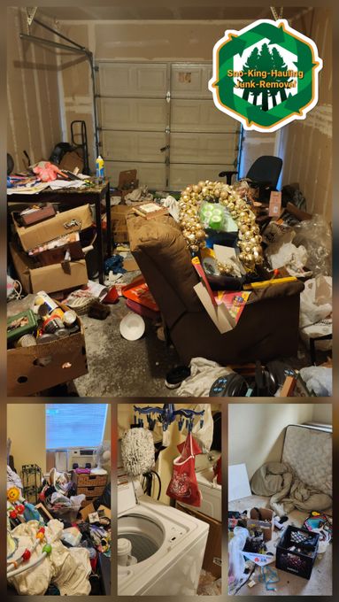 A collage of four photos showing a cluttered, disorganized home interior including a garage, laundry area, and living space.