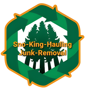 Logo for Sno-King-Hauling Junk-Removal featuring a green pine forest silhouette inside a green recycling arrow hexagon.