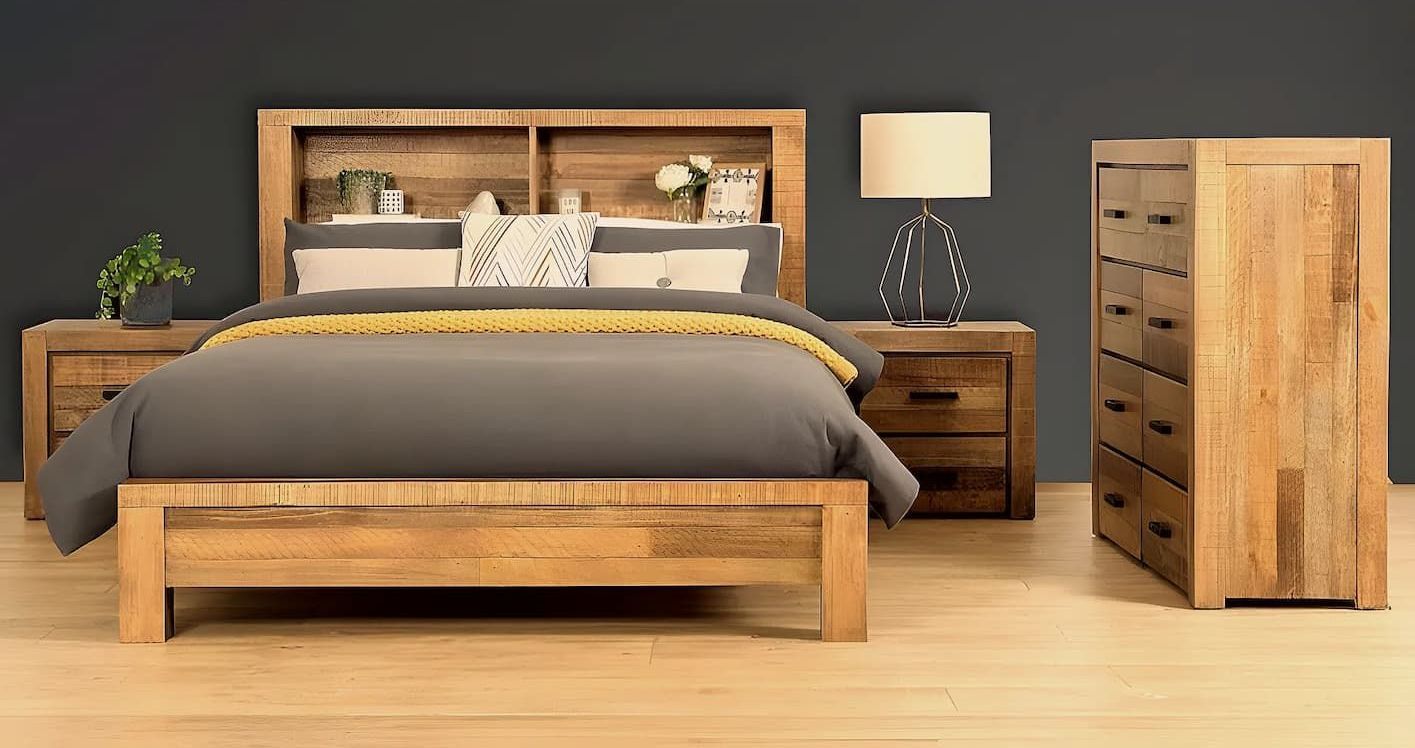 A Bedroom With a Bed, Dresser, Nightstand and Two Shelves in the Headboard — Bryants Beds and Mattresses In Lismore, NSW