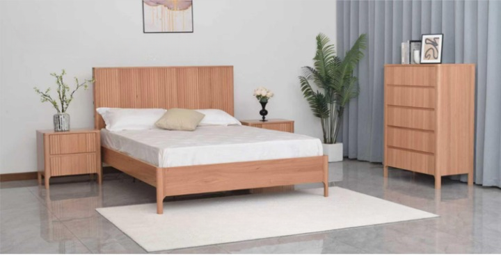 Bedroom furniture set: bed, nightstands, dresser. Light wood, neutral colors, minimalist design.
