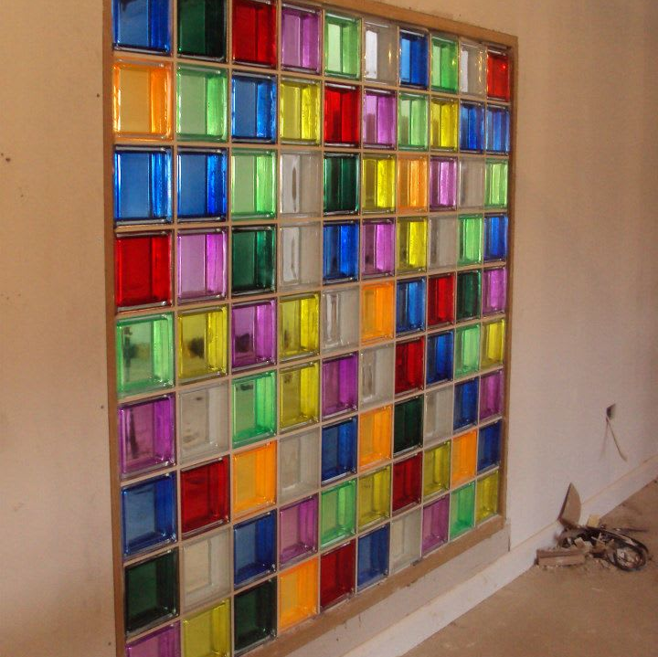 Multi-coloured glass block wall