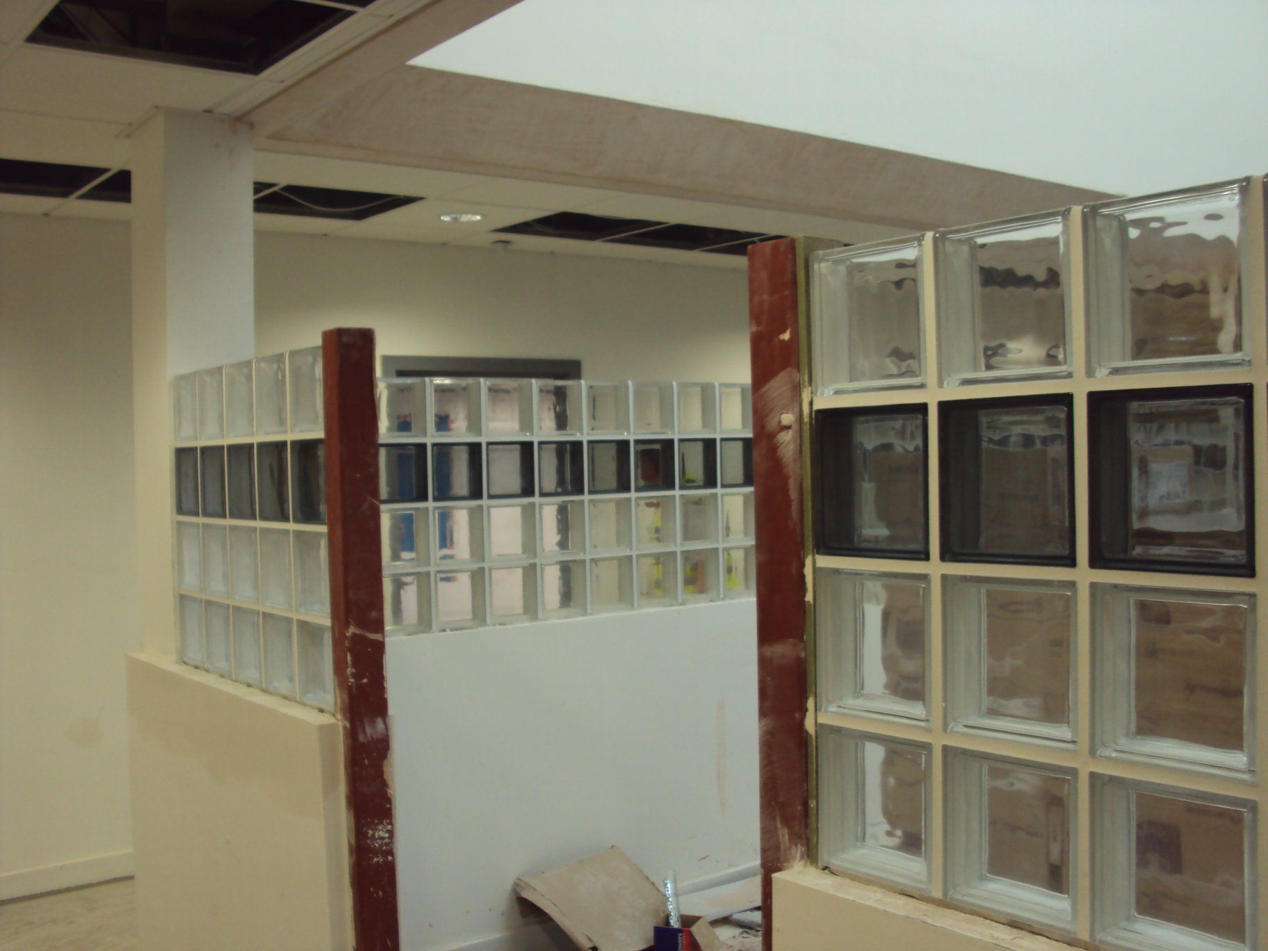 Glass block partitions in an office space