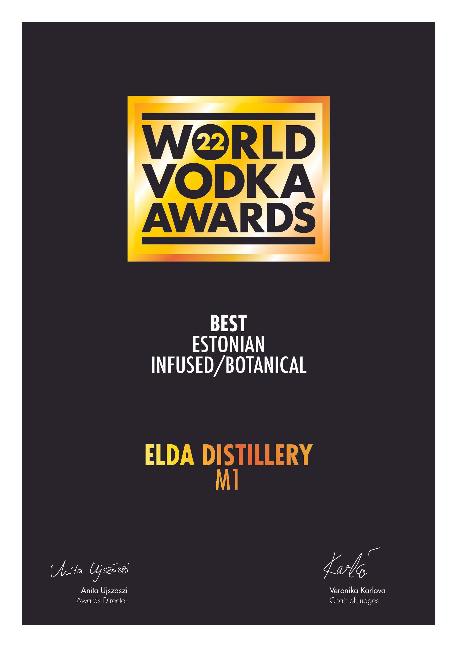 Award certificate: World Vodka Awards 2022, Best Estonian Infused/Botanical for ELDA Distillery M1, gold and black.
