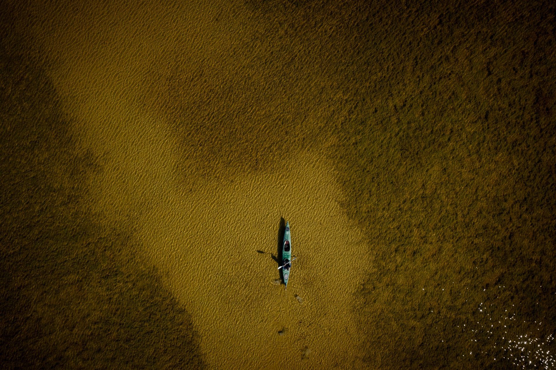 Canoe on gold-toned water; aerial view.