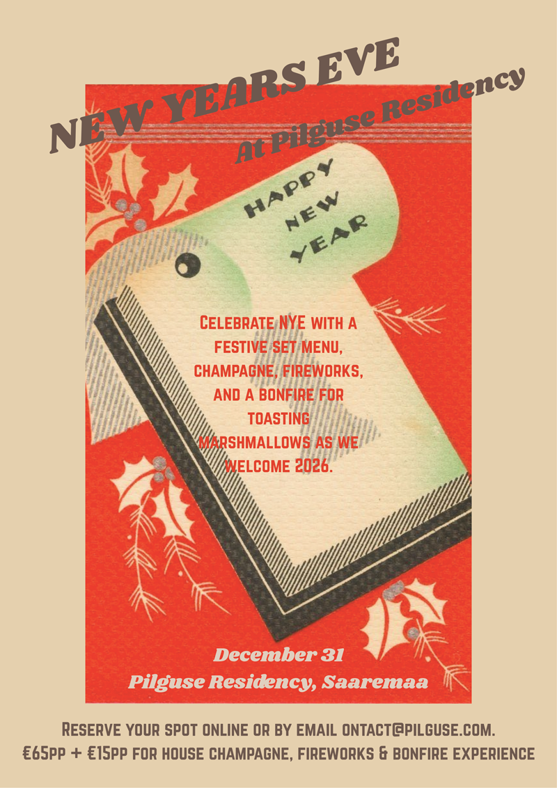 New Year's Eve at Pilguse Residency: festive meal, champagne, fireworks, bonfire. Red and green flyer.