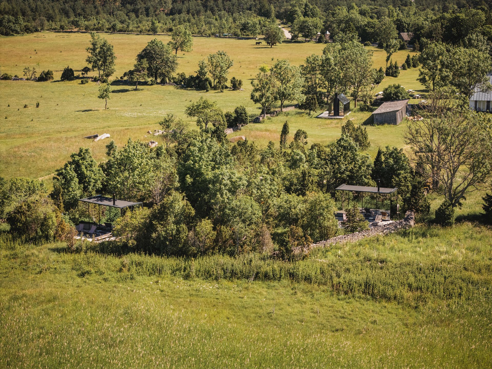 Overhead view of a lush green landscape with trees, fields, and a small structure surrounded by a stone wall.