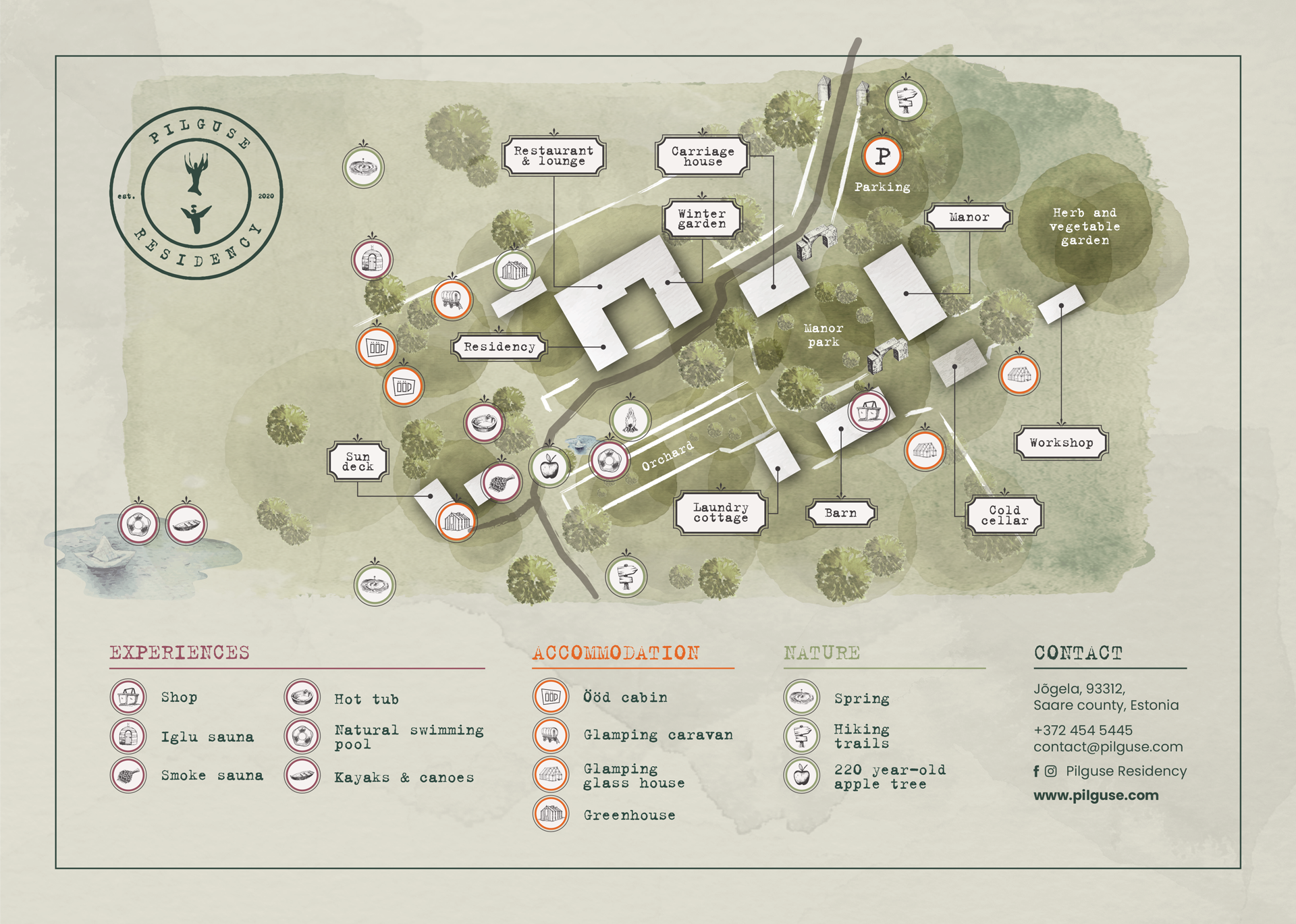 Map of a retreat, with buildings, paths, and labeled areas. Soft greens and browns are used.