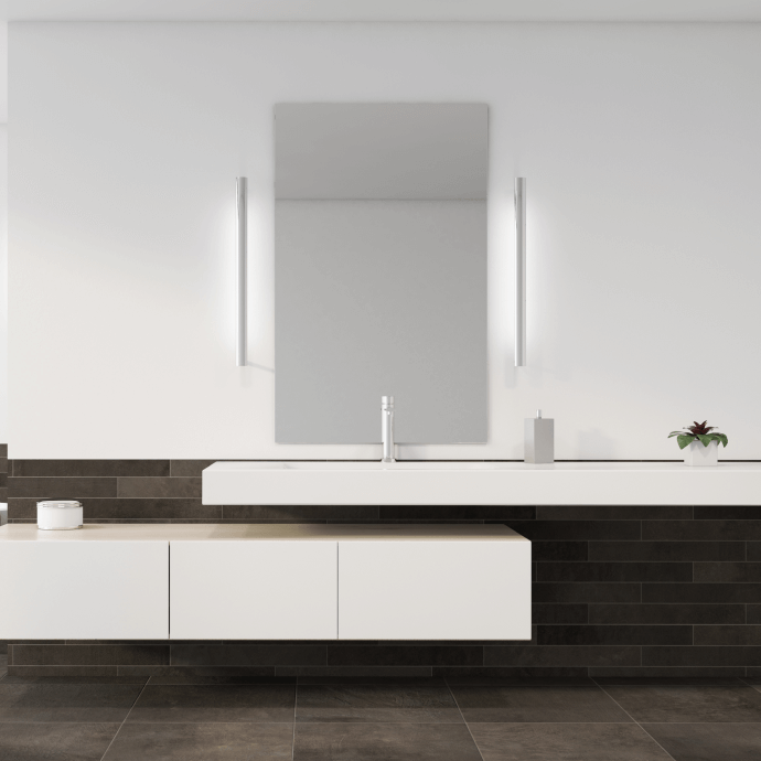 Minimalist bathroom vanity with white sink, mirror, and dark tile backsplash