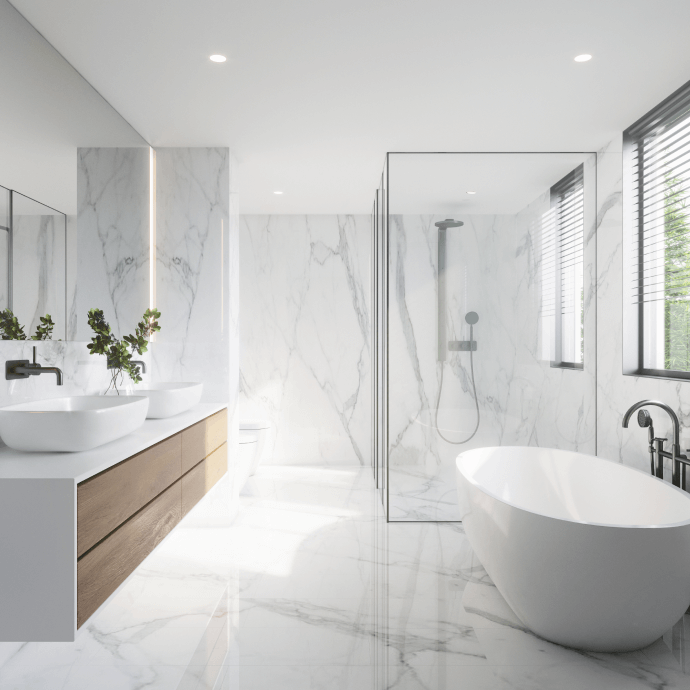 Bright modern marble bathroom with walk-in shower, freestanding tub, and vanity by a window