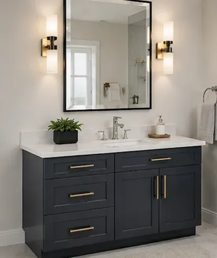Modern bathroom vanity with dark blue cabinets, white countertop, mirror, and wall sconces