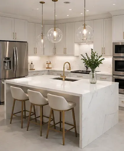Modern white kitchen with marble island, gold pendants, stainless fridge, and four bar stools.
