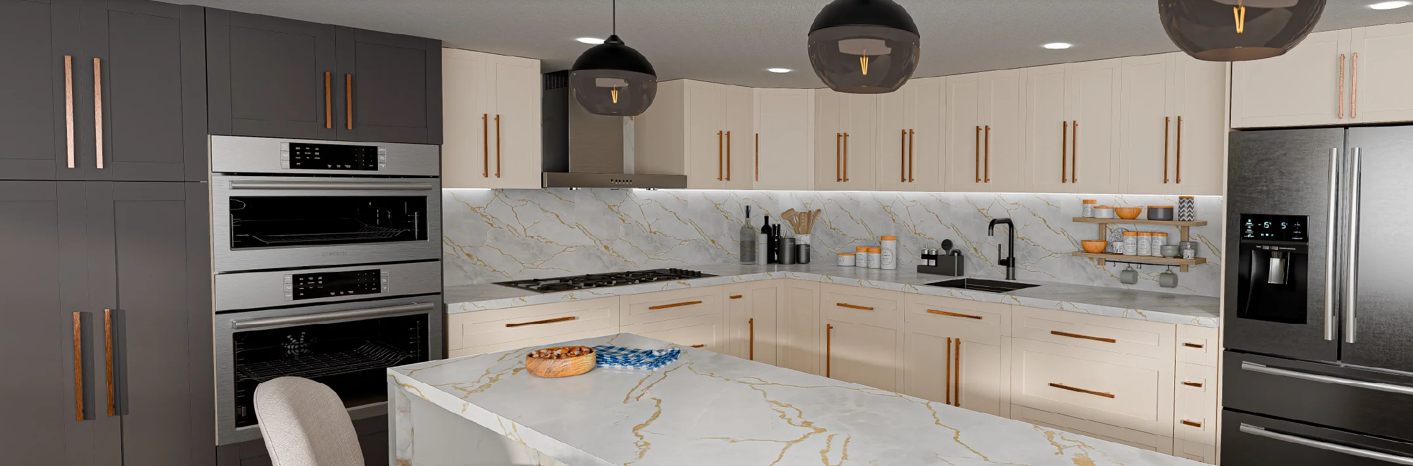 Modern kitchen with white marble island, light wood cabinets, stainless steel appliances, and pendant lights
