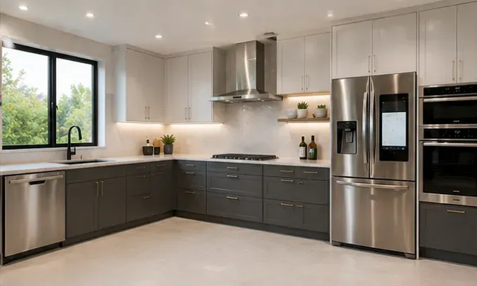 Modern kitchen with dark cabinets, stainless steel appliances, large window, and bright recessed lighting