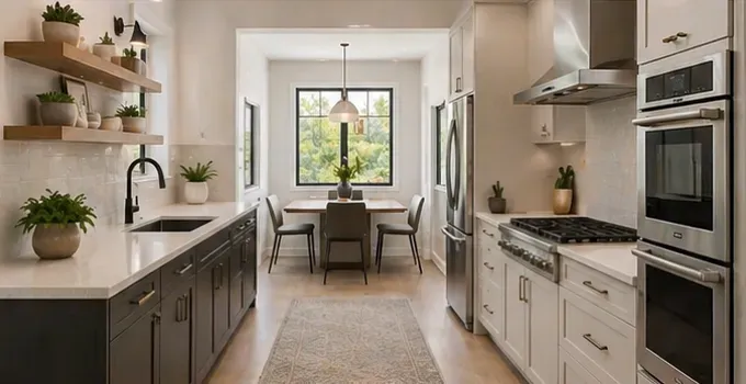 Bright modern kitchen with white cabinets, stainless appliances, open shelves, and a dining nook by a window.