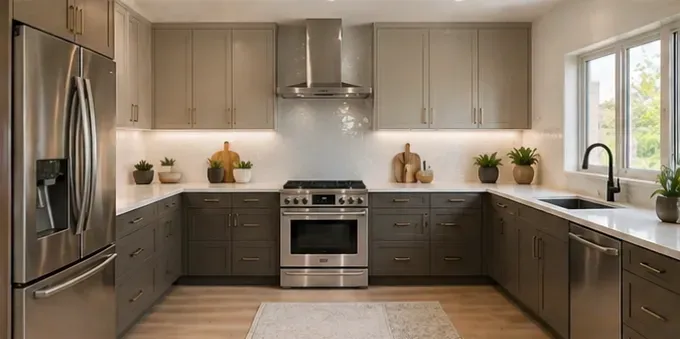 Modern kitchen with stainless steel appliances, beige cabinets, and a window over the sink